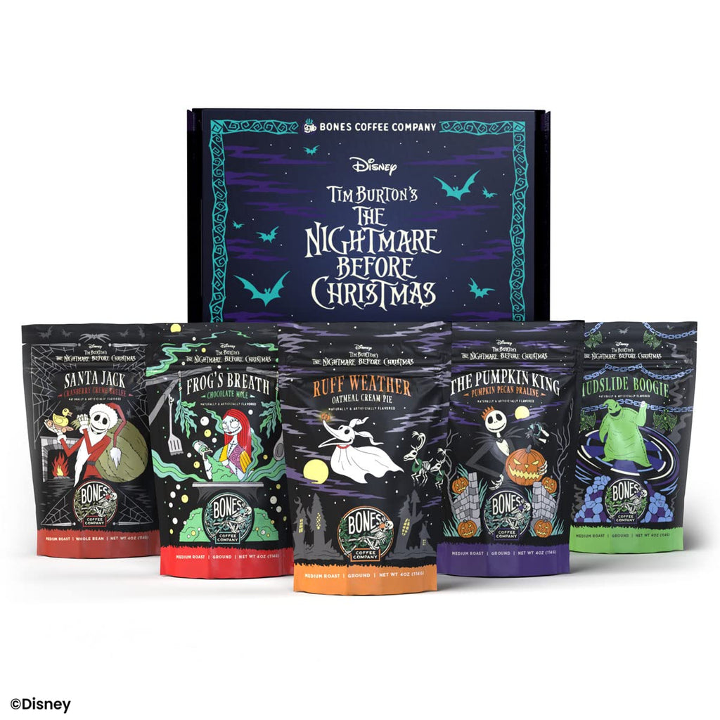 Bones Coffee Company The Nightmare Before Christmas Collector's Box 5 Flavored Coffee Low Acid Medium Roast Arabica Beans Specialty Coffee Gifts For Auto Drip and French Press, 4 oz Pack of 5 Ground