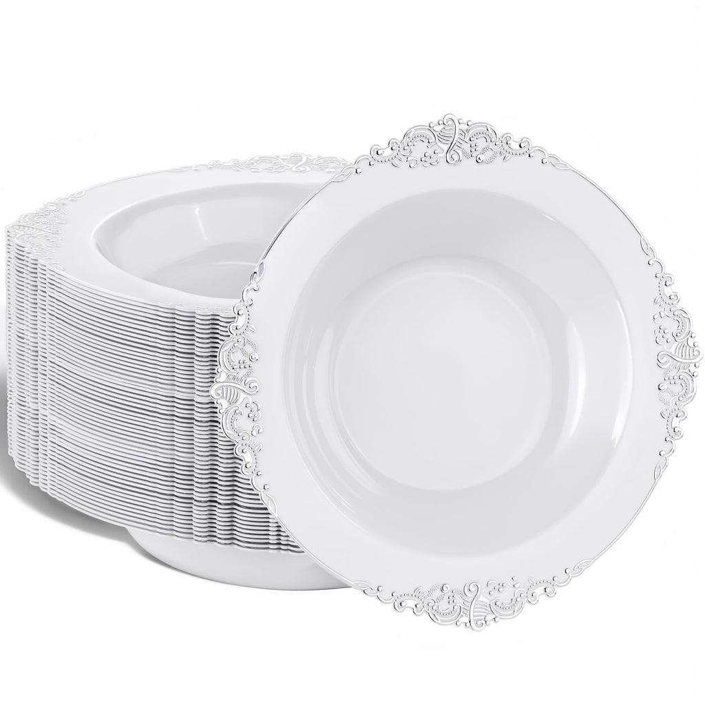 Nervure 50PCS White Plastic Bowls with Silver Rim 12oz Disposable Soup Bowl
