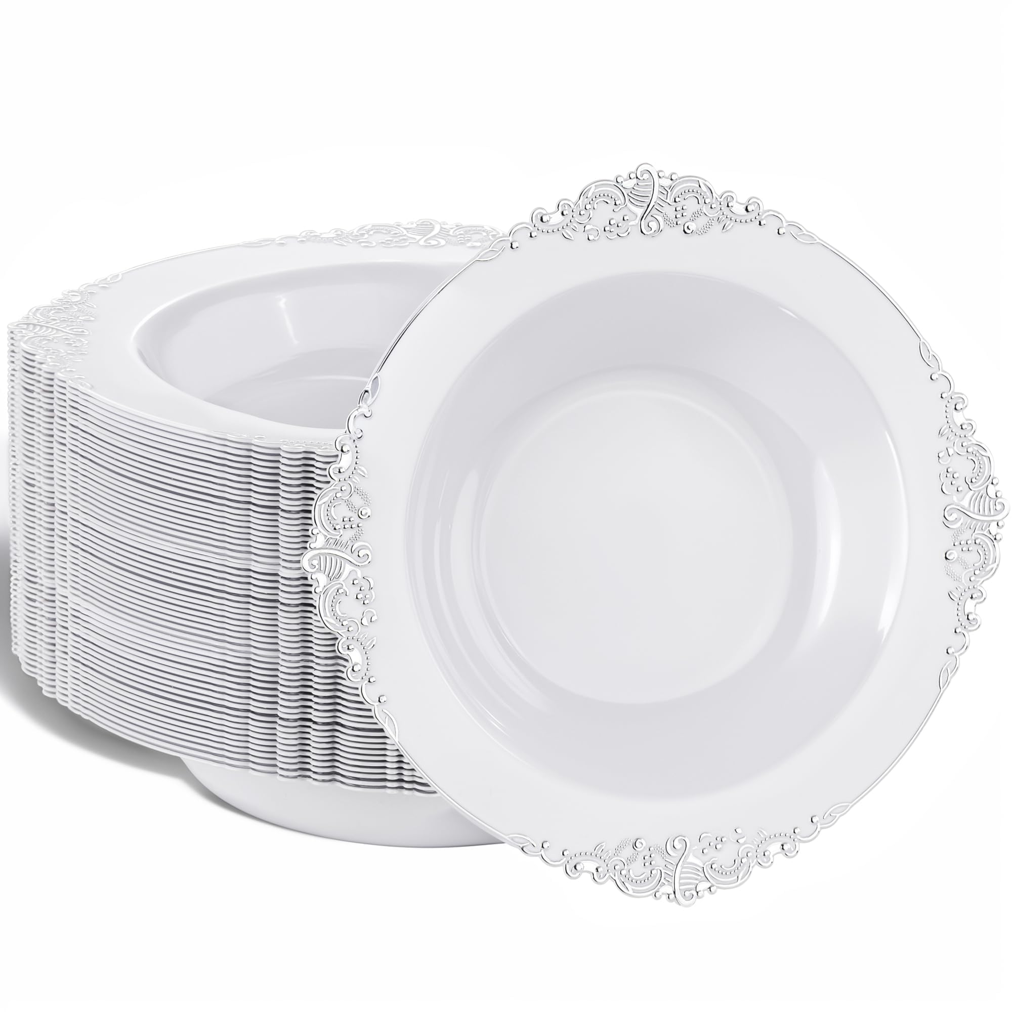 Nervure 50PCS White Plastic Bowls with Silver Rim 12oz Disposable Soup Bowl