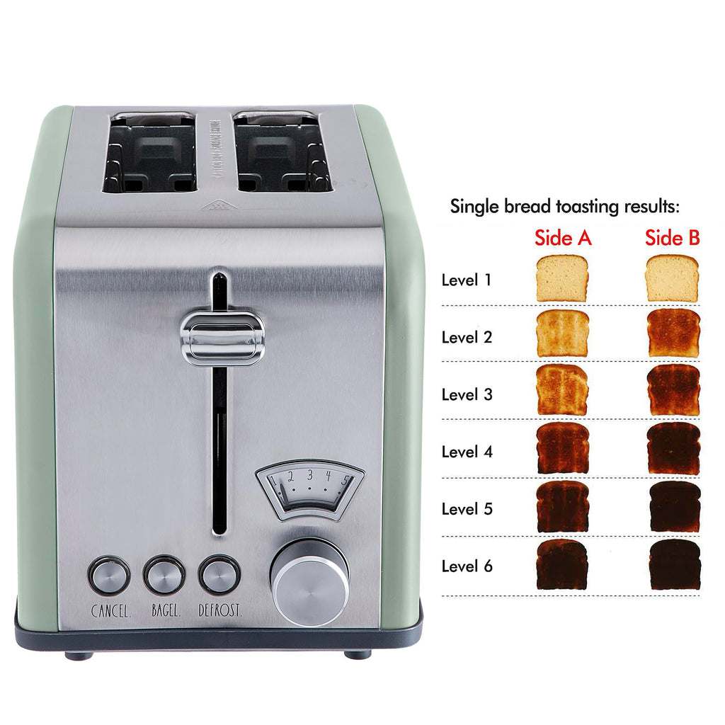 Rae Dunn Toaster, Stainless Steel 2 Slice Square Toaster, Wide Slot with 5 Browning Levels, with Bagel, Defrost and Cancel Options (Sage)