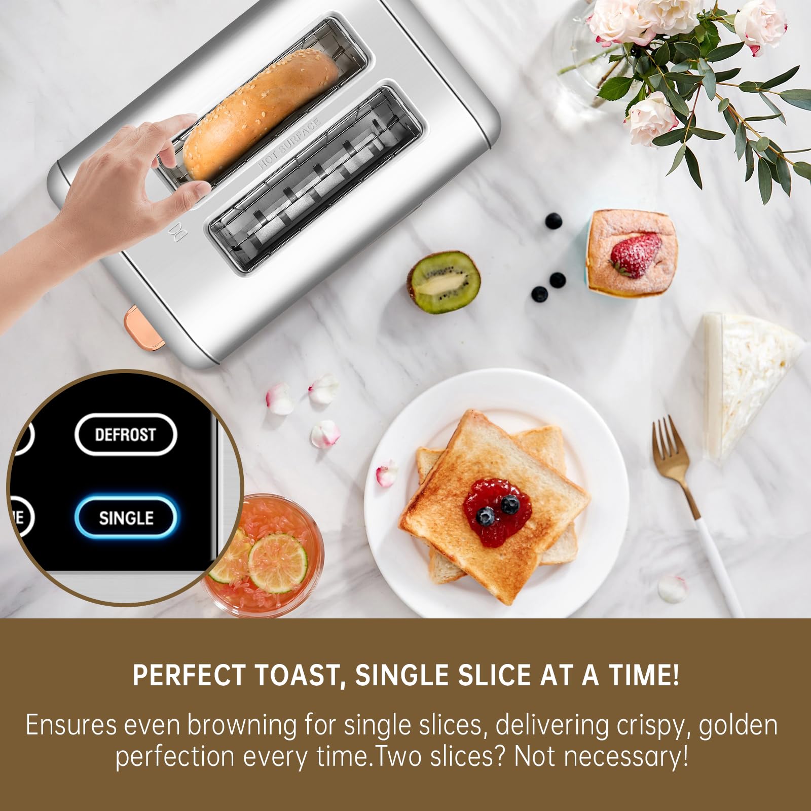 SEEDEEM Toaster 2 Slice, Real Touch Screen with LCD Display, Single-Slice Function, Stainless Steel Toaster, 50% Faster Heating, 1.5" Wide Slots, Removable Crumb Tray, 1350W, Silver Metallic