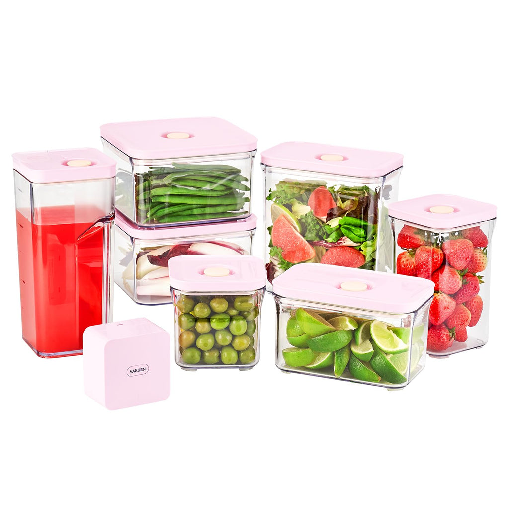 VAKUEN Premium Airtight Food Storage Containers ROSE 8P/SET, 6pcs Container, 1pcs Water Pitcher and Vacuum Sealer. Patented Double Silicone Lining, 100% Leak Proof, BPA-FREE