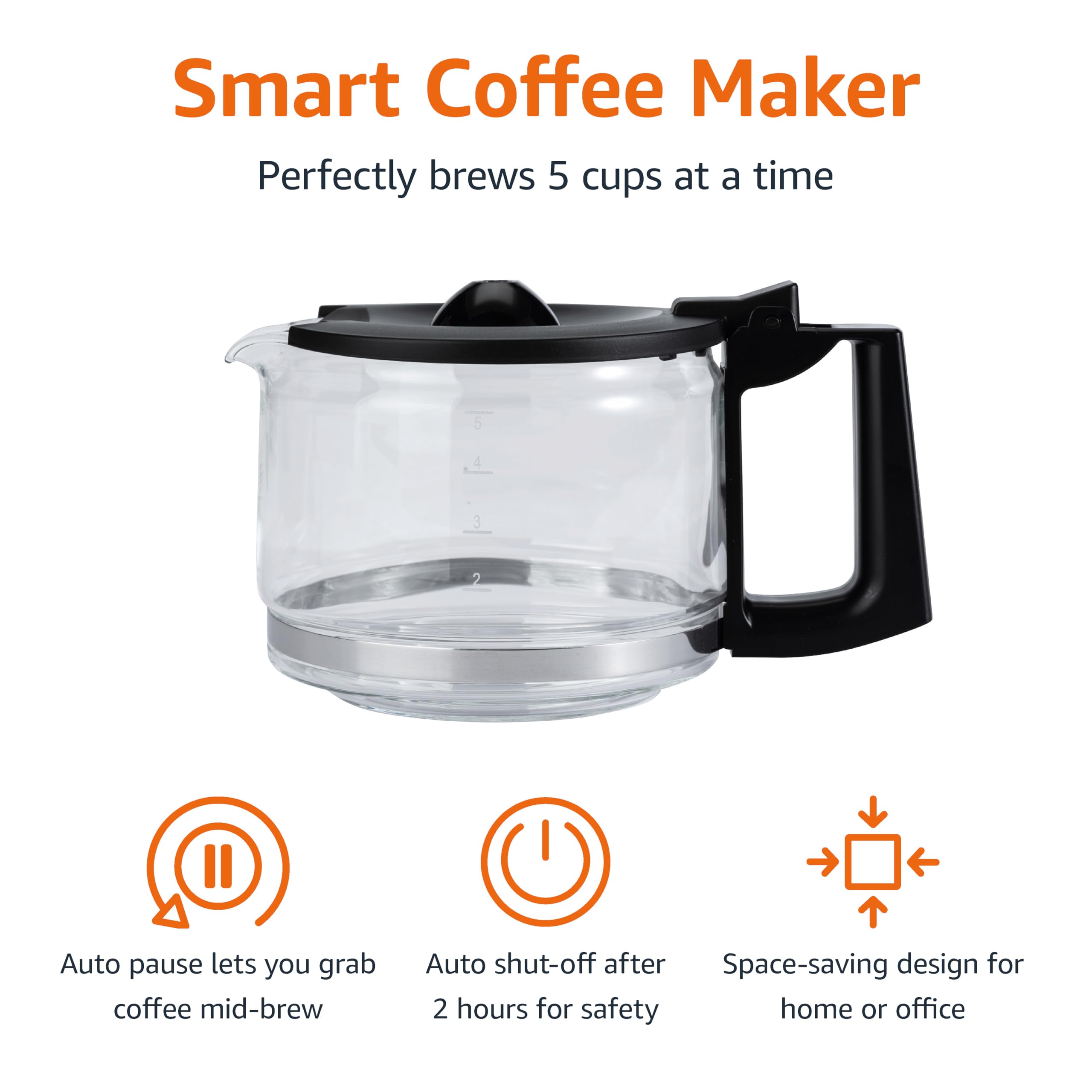 Amazon Basics 5 Cup Drip Coffee Maker with Glass Coffee Pot (0.8 Qt), Auto Shut-off, Auto Pause, Removable Filter Basket, Matte Black