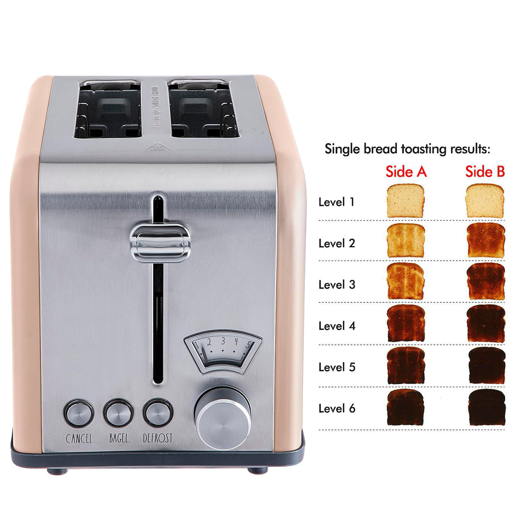 Rae Dunn Toaster, Stainless Steel 2 Slice Square Toaster, Wide Slot with 5 Browning Levels, with Bagel, Defrost and Cancel Options (Blush)