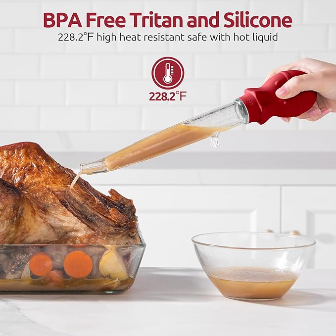 U-Taste 1.5oz Angled Turkey Baster - 228.2ºF Heat Resistant Food Grade Tritan and Silicone Large Octopus Bulb Baster Set with Cleaning Brush for Cooking Basting Meat Poultry Beef Chicken (Red)