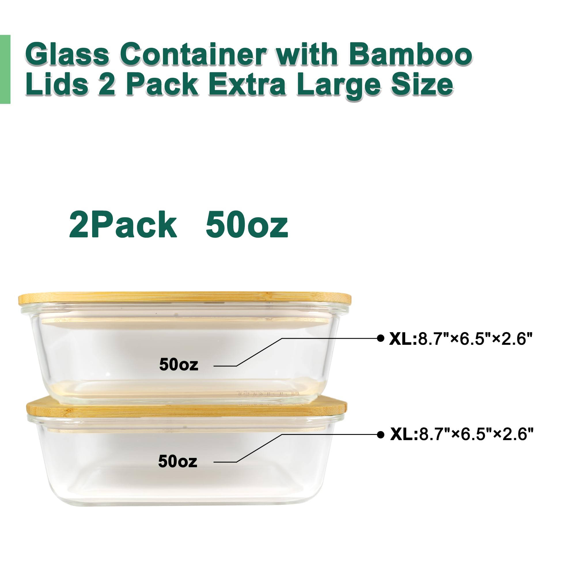 Urban Green Glass Container with Bamboo Lid, 2 Pack of 50oz, Large Glass food storage Container with Lids, Meal Prep Containers Set of 2