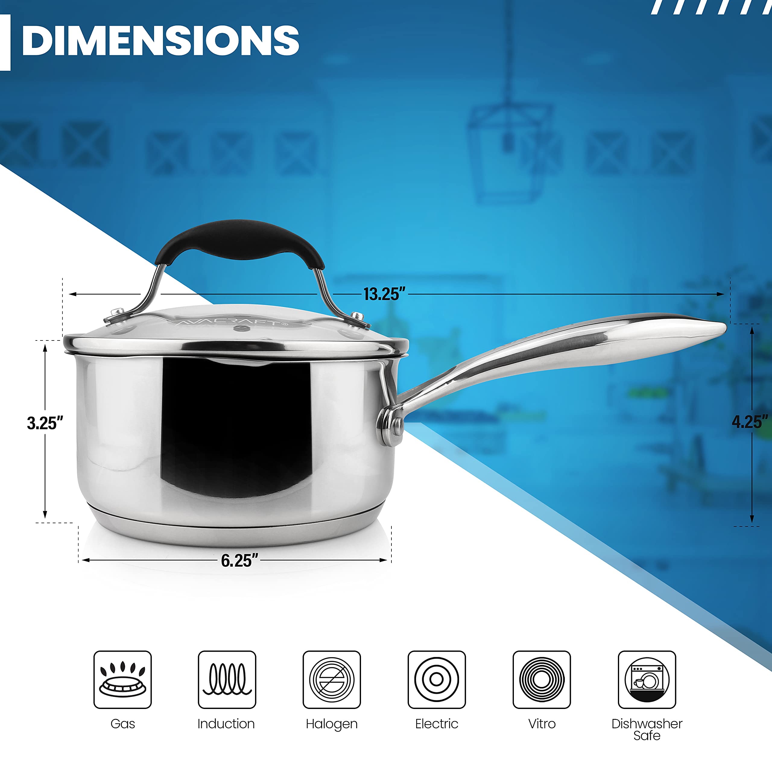 AVACRAFT Stainless Steel Saucepan with Glass Strainer Lid, Two Side Spouts for Easy Pour with Ergonomic Handle, Multipurpose Sauce Pot (5-Ply Capsule Bottom, 1.5 Quart)