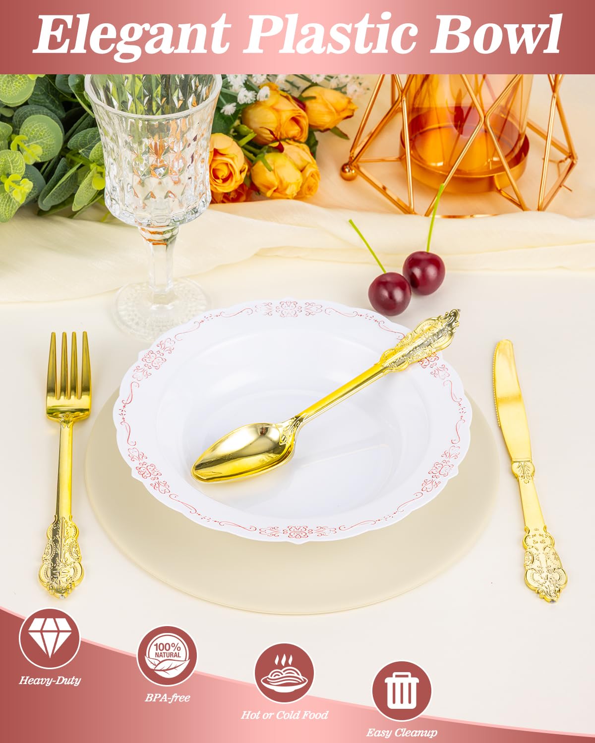 Bestluck 100 Pack White Plastic Bowls with Rose Gold Rim