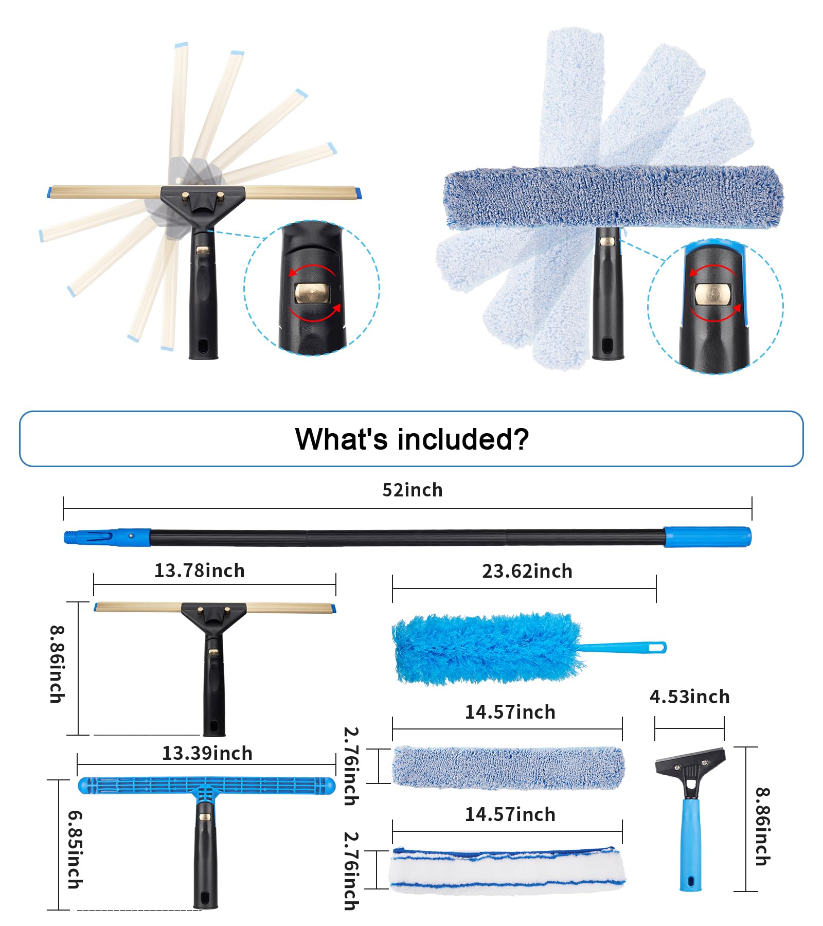 Swivel Squeegee Kit with 4 Extension Poles,Glass Scraper, Bendable Duster, 2 Window Scrubber Cloth for Glass, Car, Floor, Home,Garden