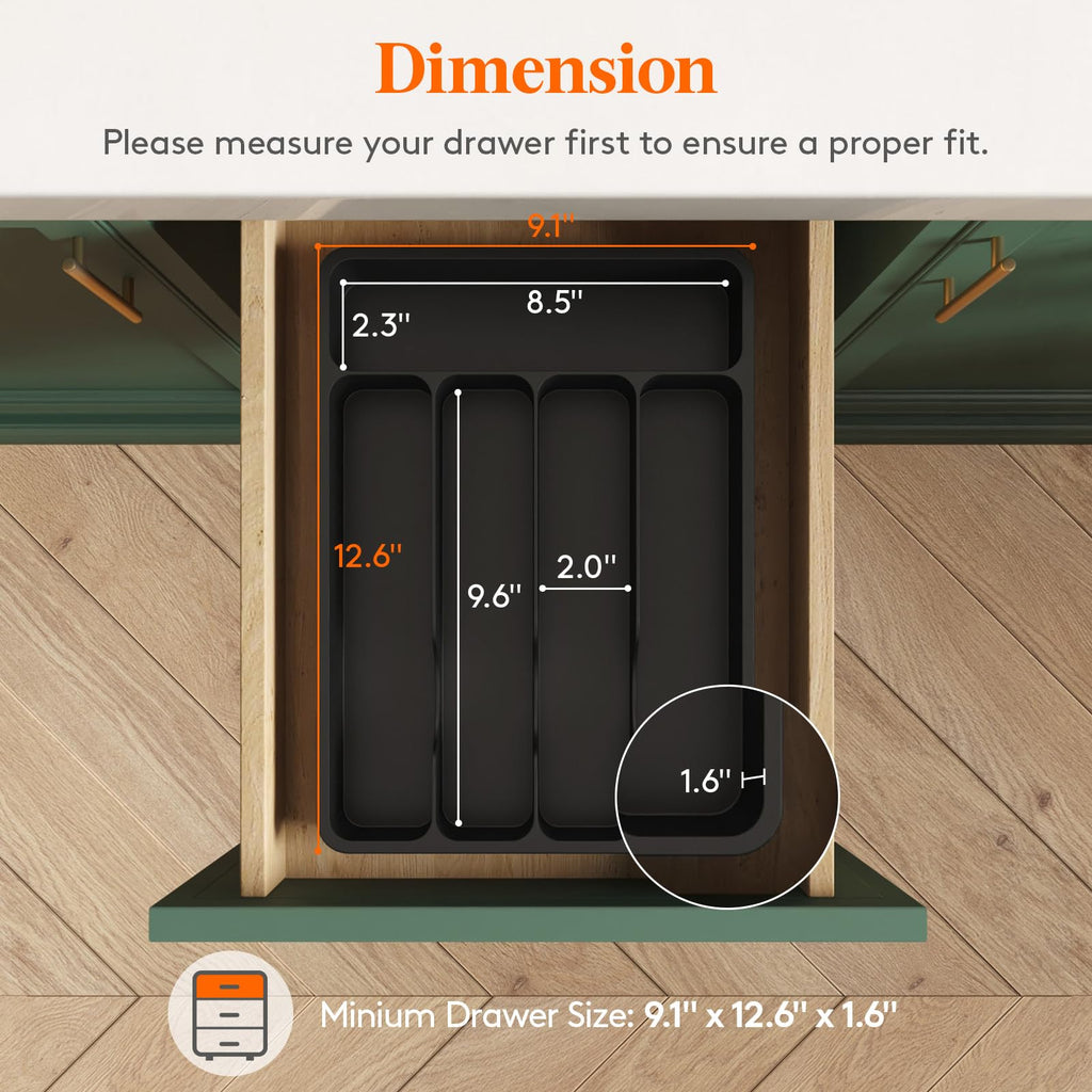 Lifewit Silverware Drawer Organizer Tray, Plastic Cutlery Storage for Kitchen, Flatware and Utensil Holder Divider for Spoons Forks Knives Tableware, 9.1 x 12.6", 5 Slots, Black