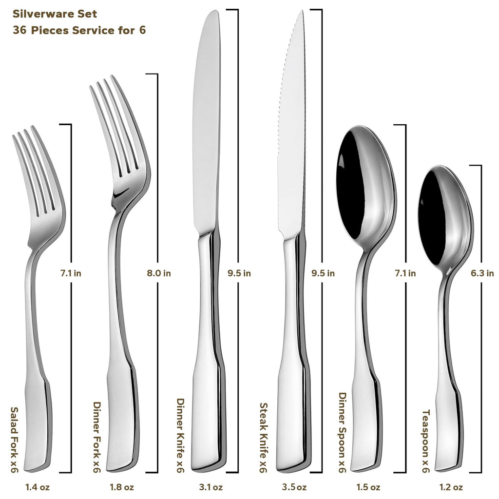 Alata Kate 36-Piece Silverware Set with Steak Knife, Stainless Steel Flatware Set Service for 6, Mirror Polished Cutlery Set Dishwasher Safe