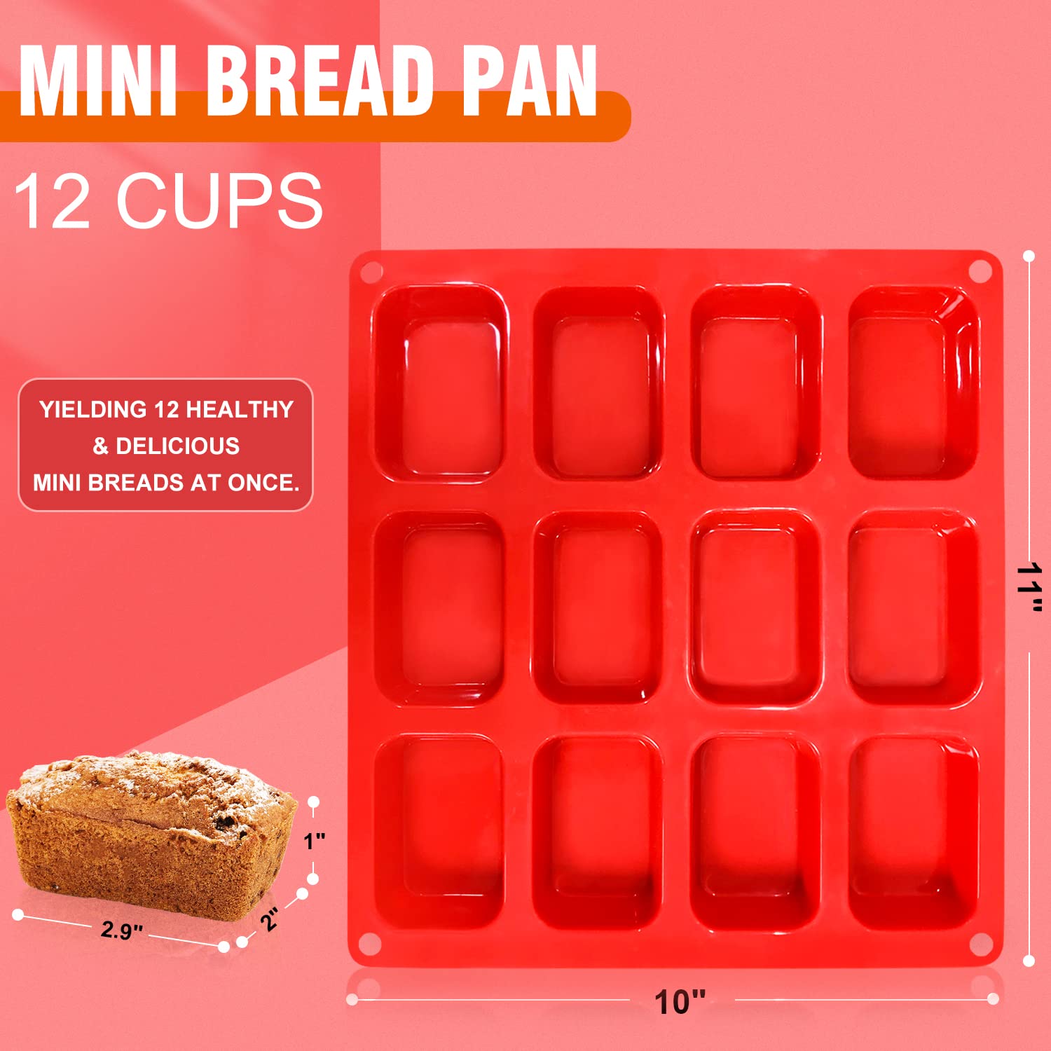 Walfos Silicone Mini Loaf pan, 12 Cavities Mini Bread Pan Brownie Pan, Food Grade & Non-stick, Ideal For Mini Bread, Brownie, Cornbread, Cheesecake & Chocolate, Set of 2