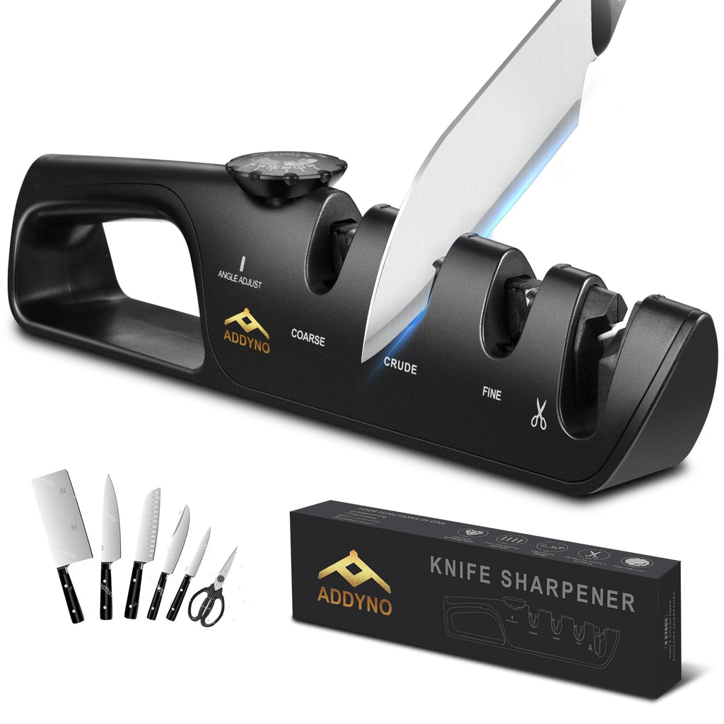 ADDYNO Knife Sharpener, Adjustable Angle 4-in-1 Kitchen Knife Sharpener, 3-Stage Coarse Sharpen Fine with Scissors Slot, Non-Slip Base Ergonomic Handle for Household Knives and Scissors