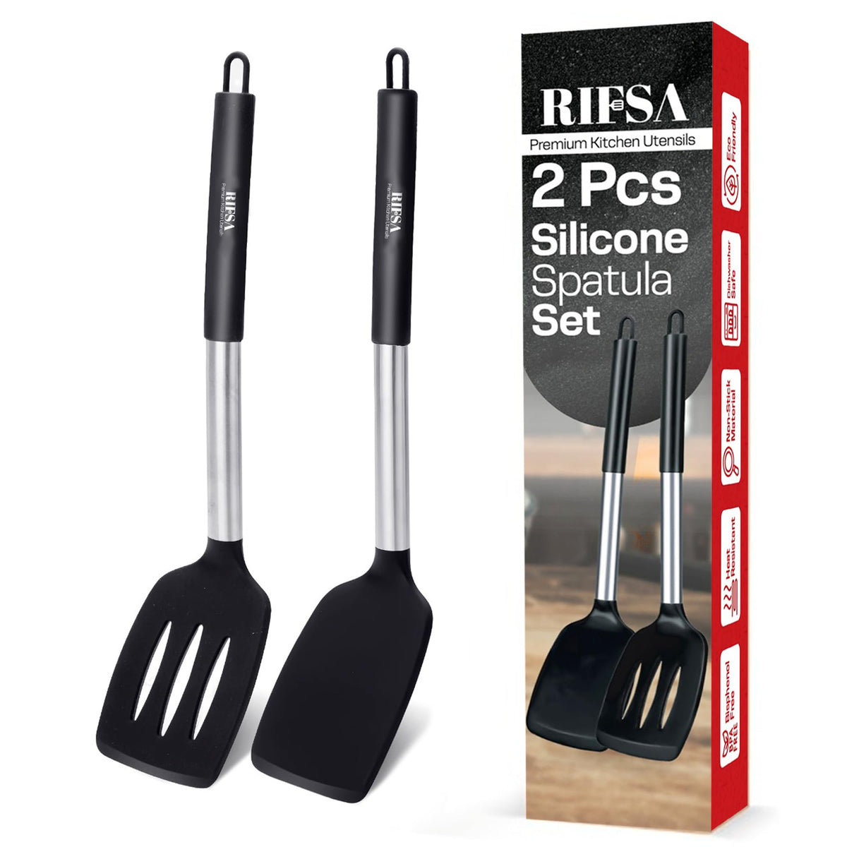 Silicone Spatula Set - Pack of 2 Non Stick Slotted Kitchen Spatulas, Heat Resistant Silicone Turner for Frying, Baking, BPA-Free, Slotted Spatula for Nonstick Cookware