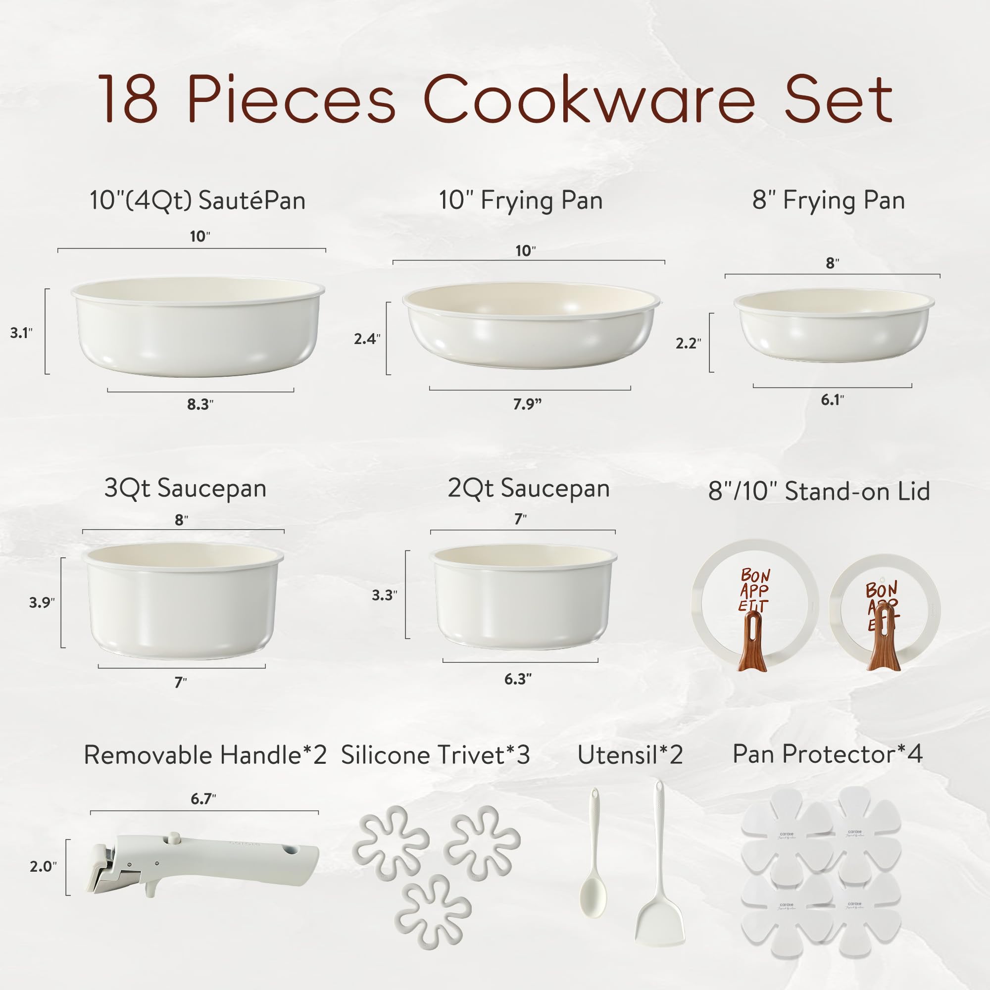 CAROTE 18Pcs Ceramic Cookware Set with Detachable Handle, Pots and Pans Set Non Stick, Non Toxic Kitchen Cooking Sets with Stand-Up Lid, PFAS and PFOA Free, Oven Safe, Induction Ready, Cream White
