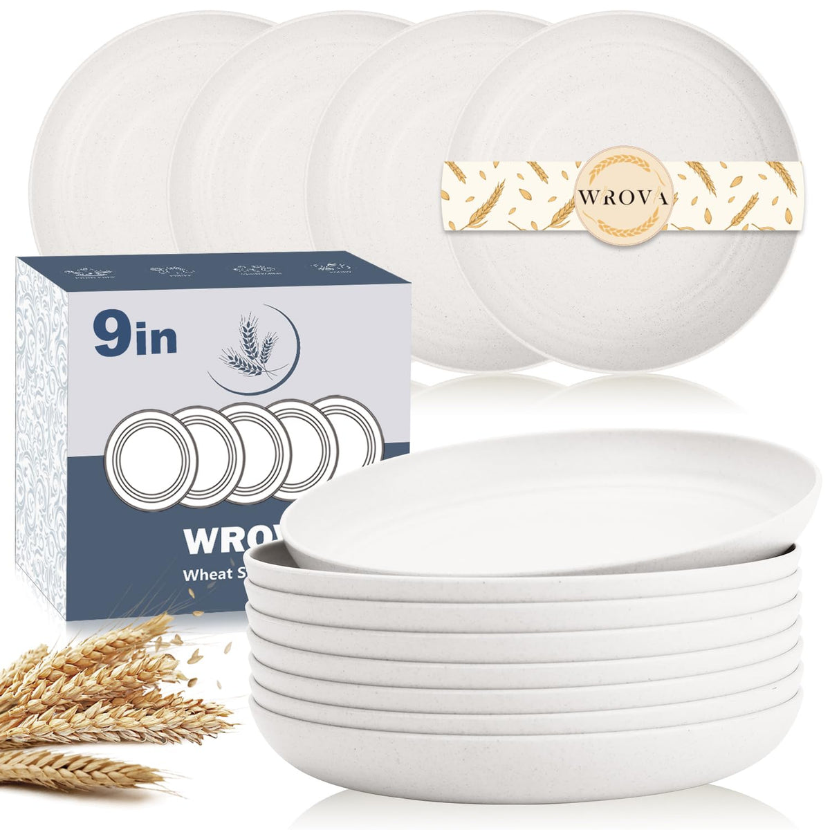 Wrova Wheat Straw Plates - 8 Inch Unbreakable Dinner Plates Set of 8 - Dishwasher & Microwave Safe Plastic Plates Reusable - Lightweight Plates for kitchen,R.V (pure black)