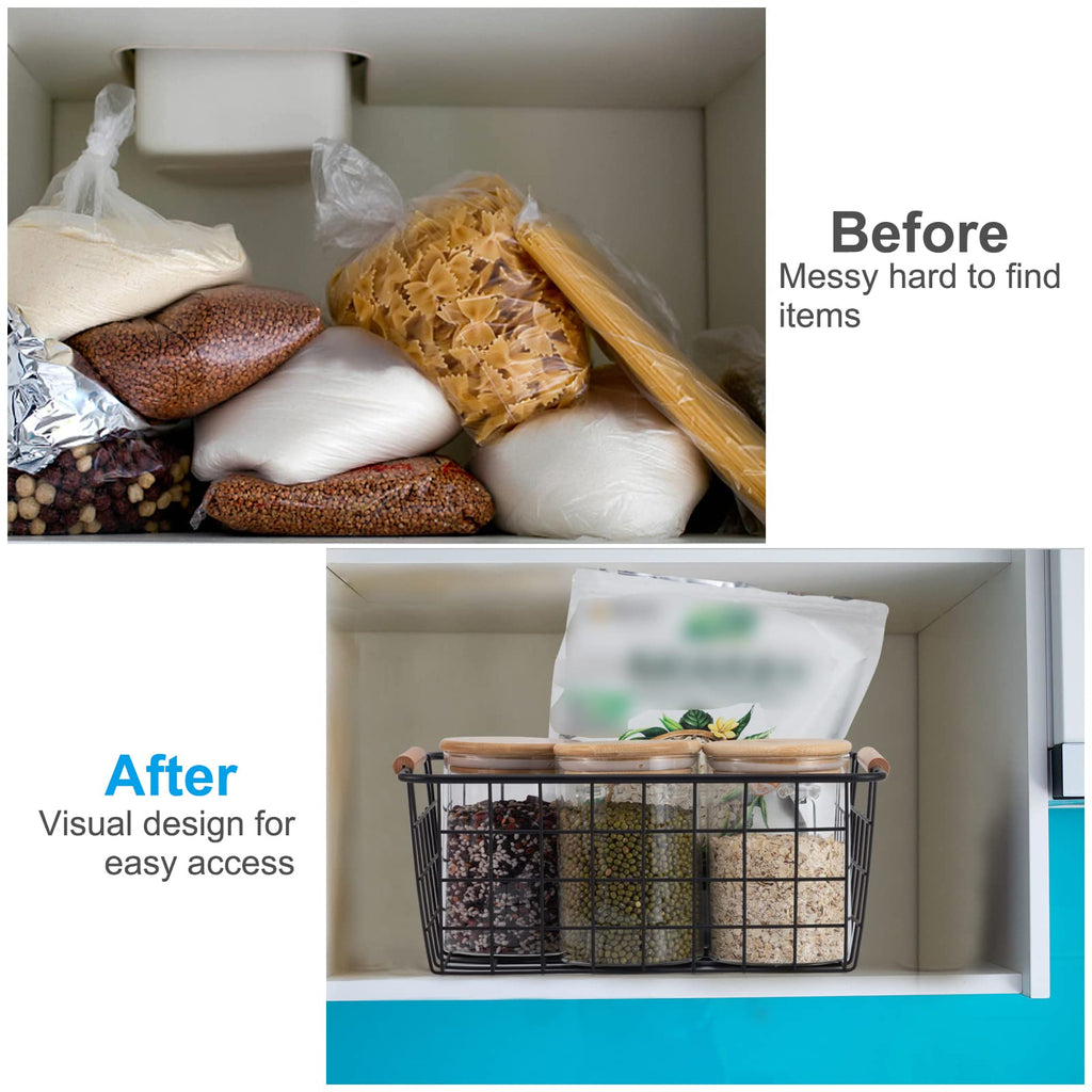 Black 2PCS Wire Storage Baskets with Wooden Handles for Pantry Organizer