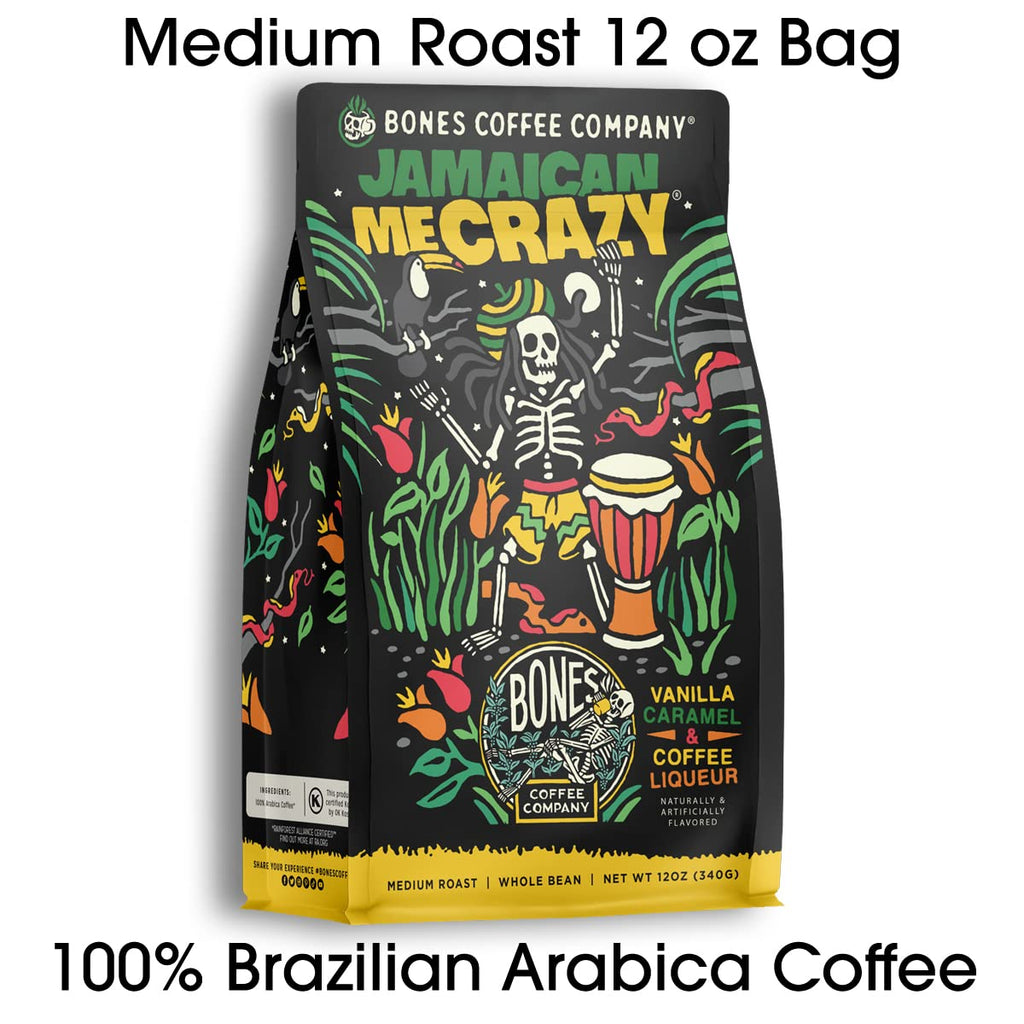 Bones Coffee Company Jamaican Me Crazy, Vanilla Caramel Flavored Coffee, Medium Roast Low Acid Arabica Beans Compatible with Auto drip and French Press Coffee Maker, 12 Oz Ground