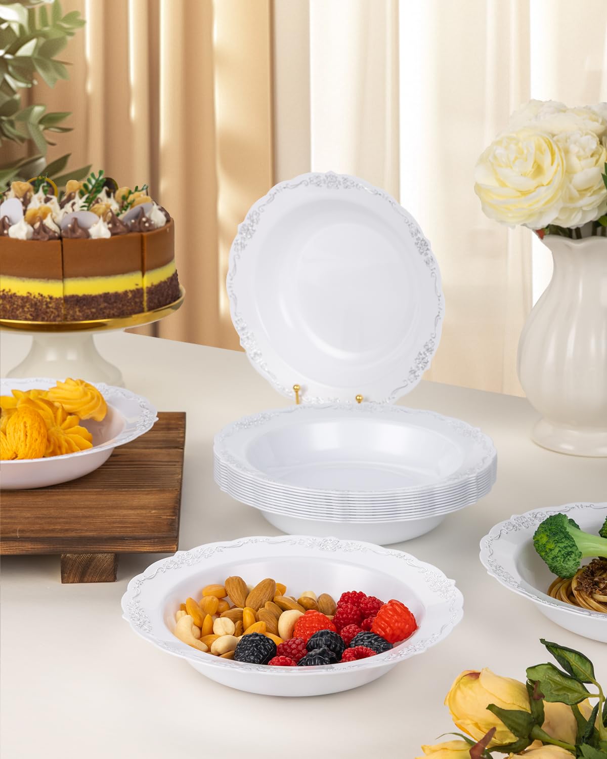 Bestluck 50 Pack White Plastic Bowls with Silver Rim