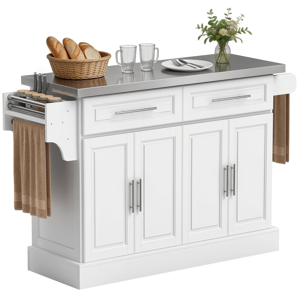 HOMCOM Rolling Kitchen Island Cart with 47" Stainless Steel Top Navy Blue