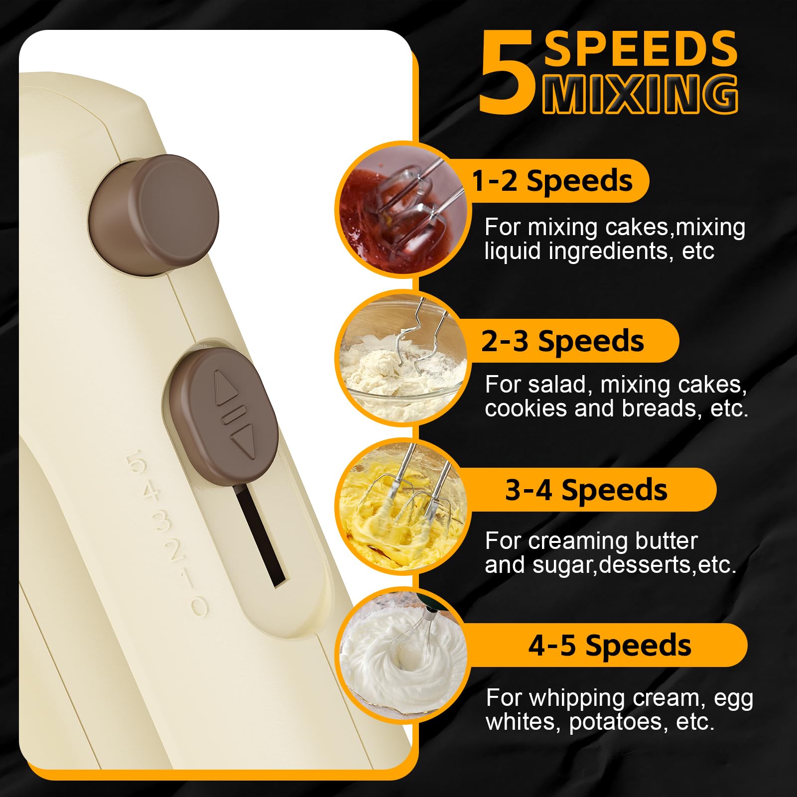 Lord Eagle 5-Speed Hand Mixer Electric With 4 Stainless Steel Mixing Bowls Set, 300W Lightweight Kitchen Handheld Mixer with Measuring Cups & Spoons, Baking Supplies for Cake, Cream