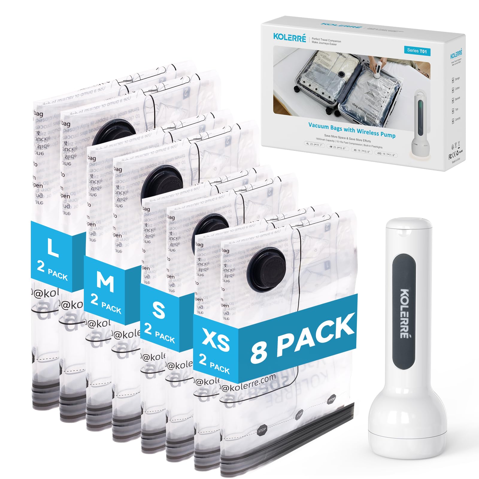 KOLERRE Travel Vacuum Bags with 2026 Lastest Wireless Pump, 8 Pack-4 Sizes Space Saver Vacuum Storage Bags for Luggage and Suitcase, Compression Bags for Packing, Vacuum Seal Bags for Clothing Travel