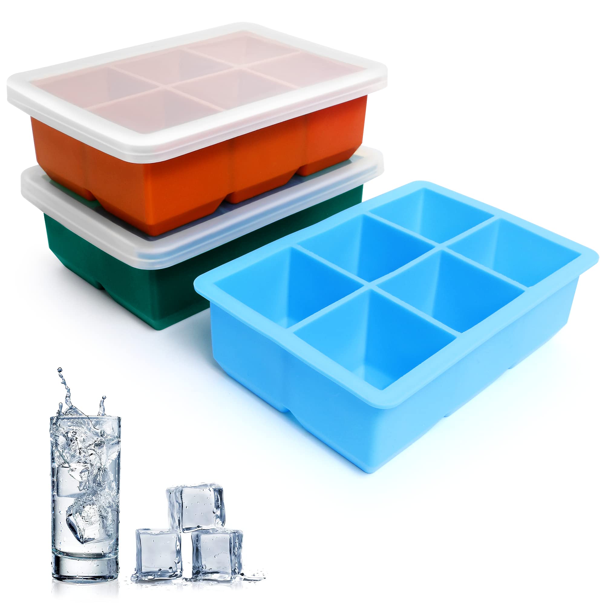 Excnorm Silicone Ice Cube Trays 3 Pack - Large Size Silicone Ice Cube Molds with Leak Proof Removable Lid Square Ice Cube Tray And BPA Free for Cocktail,Whiskey, Stackable Flexible Ice