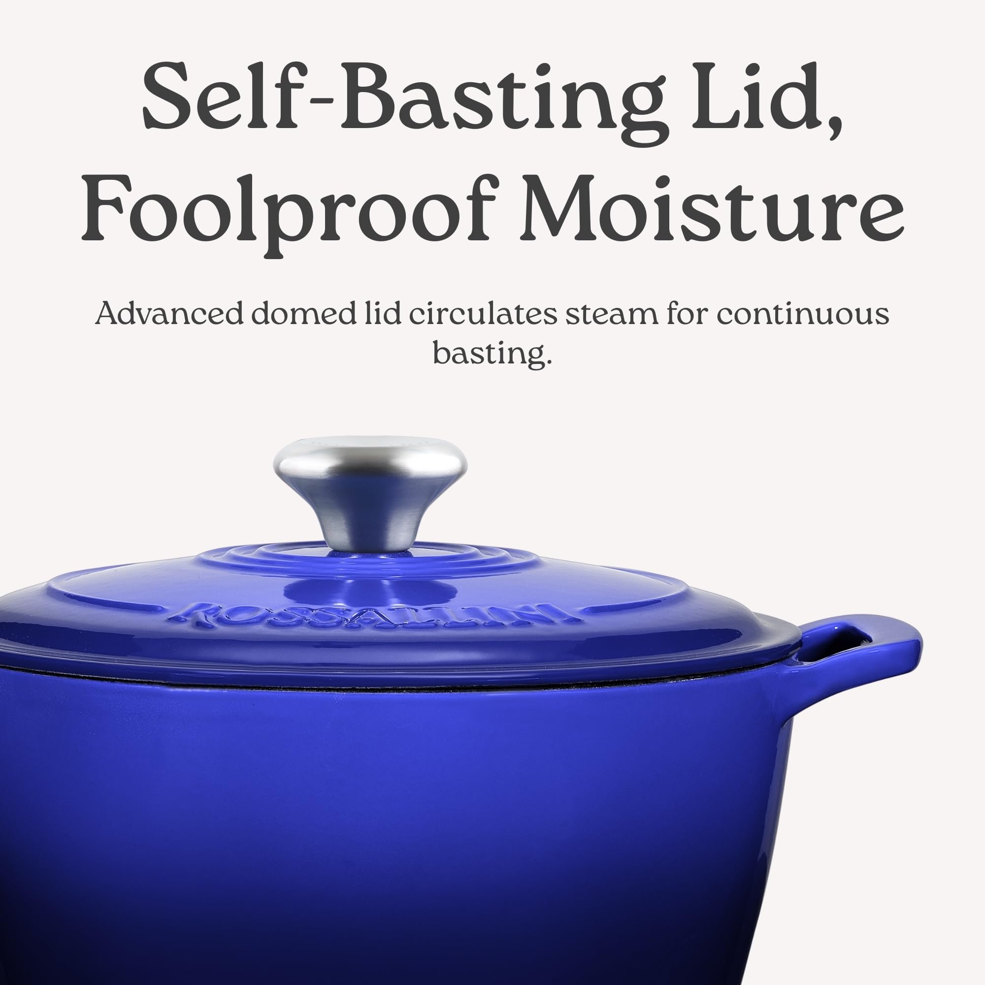 ROSSALLINI Signature Enameled Cast Iron Dutch Oven, Non-Stick Serving Pot with Tight Fitting Lid for Perfect Roasting, Baking, Sauteing, and Bread Making | 10Q (9.5L) - Indigo Blue