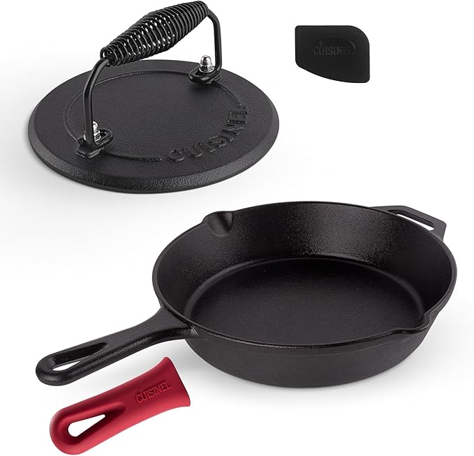 Cuisinel Cast Iron Skillet with Lid - 12"-Inch Frying Pan + Glass Cover + Silicone Handle Holder - PFAS and PFOA-free Pre-Seasoned Oven Safe Cookware - Indoor/Outdoor Use - Grill, BBQ, Fire, Stovetop