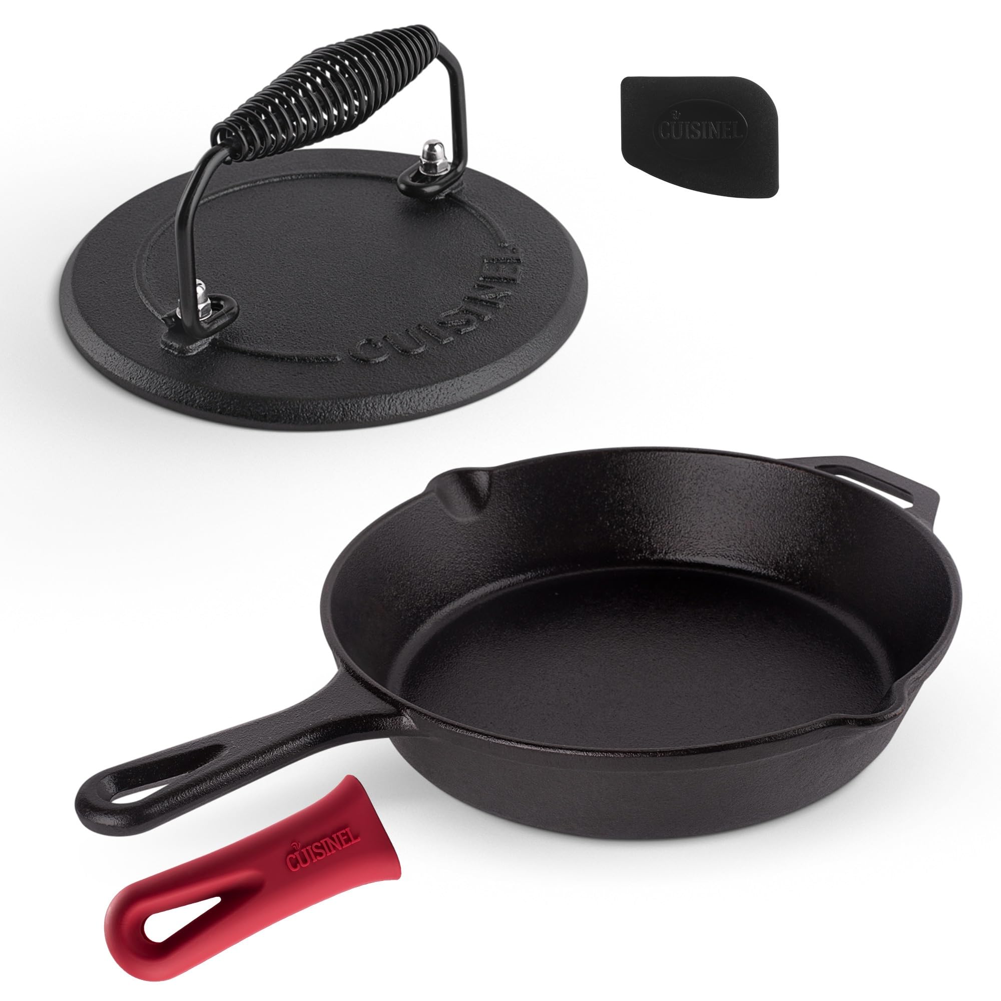 Cuisinel Cast Iron Skillet + Grill Press + Scraper Set - 10"-inch Pre-Seasoned Frying Pan + Silicone Handle Grip - 7" Round Burger Smasher - Indoor/Outdoor, Grill, Kitchen Cookware. PFAS and PFOA-free