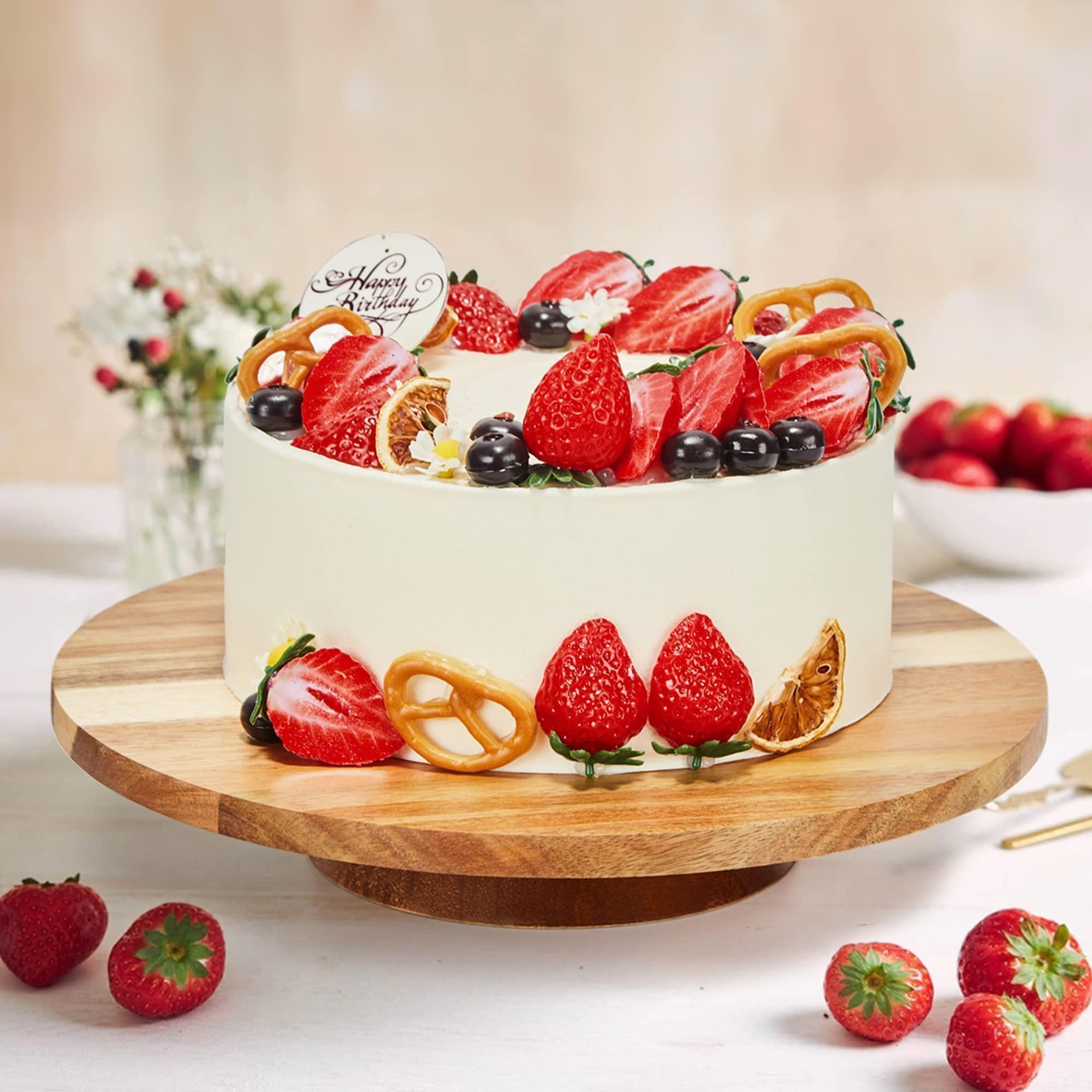 GOVOKOI 12" Acacia Wood Revolving Cake Stand, 2" High Turntable for Cake