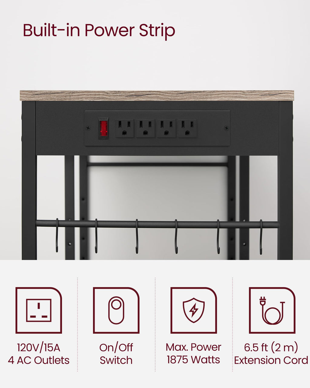VASAGLE Baker's Rack, Coffee Bar Stand with Charging Station, 35.6 Inches Tall, Storage Shelves, Pull-Out Wire Basket, Table for Microwave, Kitchen, Heather Greige and Ink Black UKKS036K02