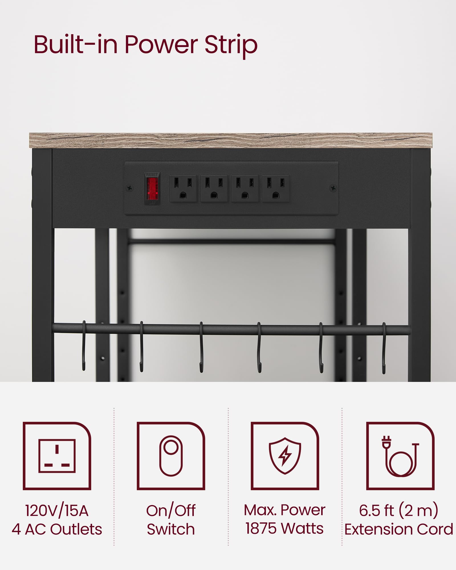 VASAGLE Baker's Rack, Coffee Bar Stand with Charging Station, 35.6 Inches Tall, Storage Shelves, Pull-Out Wire Basket, Table for Microwave, Kitchen, Heather Greige and Ink Black UKKS036K02