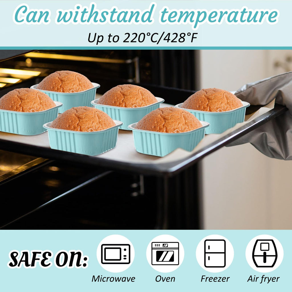 Aoriher 150 Pcs 10 oz Mini Cake Pans with Lids Aluminum Foil Baking Cup Disposable Square 4 x 4 Large Baking Tin, Muffin Pan Cheesecake Kitchen Brownie Pudding Desserts Holder(Light Blue)