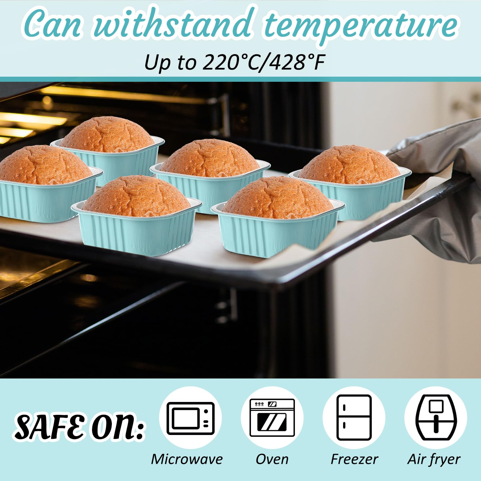 Aoriher 150 Pcs 10 oz Mini Cake Pans with Lids Aluminum Foil Baking Cup Disposable Square 4 x 4 Large Baking Tin, Muffin Pan Cheesecake Kitchen Brownie Pudding Desserts Holder(Light Blue)