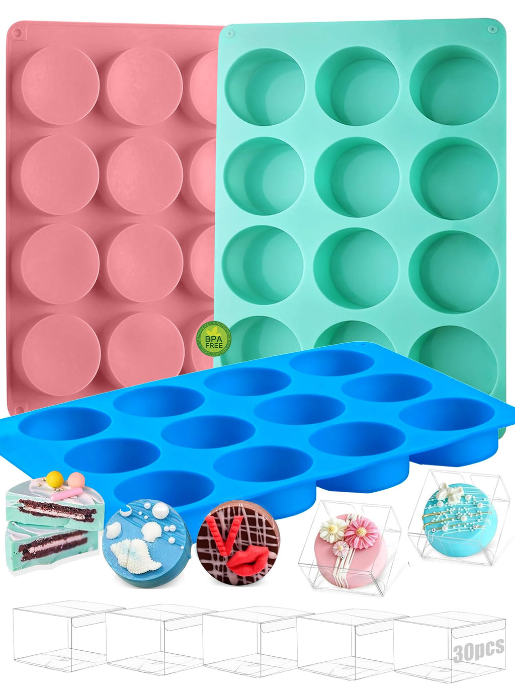 3 Pcs Round Chocolate Cookie Molds Set,12-Cavity Silicone Mold with 30 Clear Treat Boxes, Round Baking Mold for Candy, Mini Cake, Individually Wrapped Cakesicle Party Favor Packaging