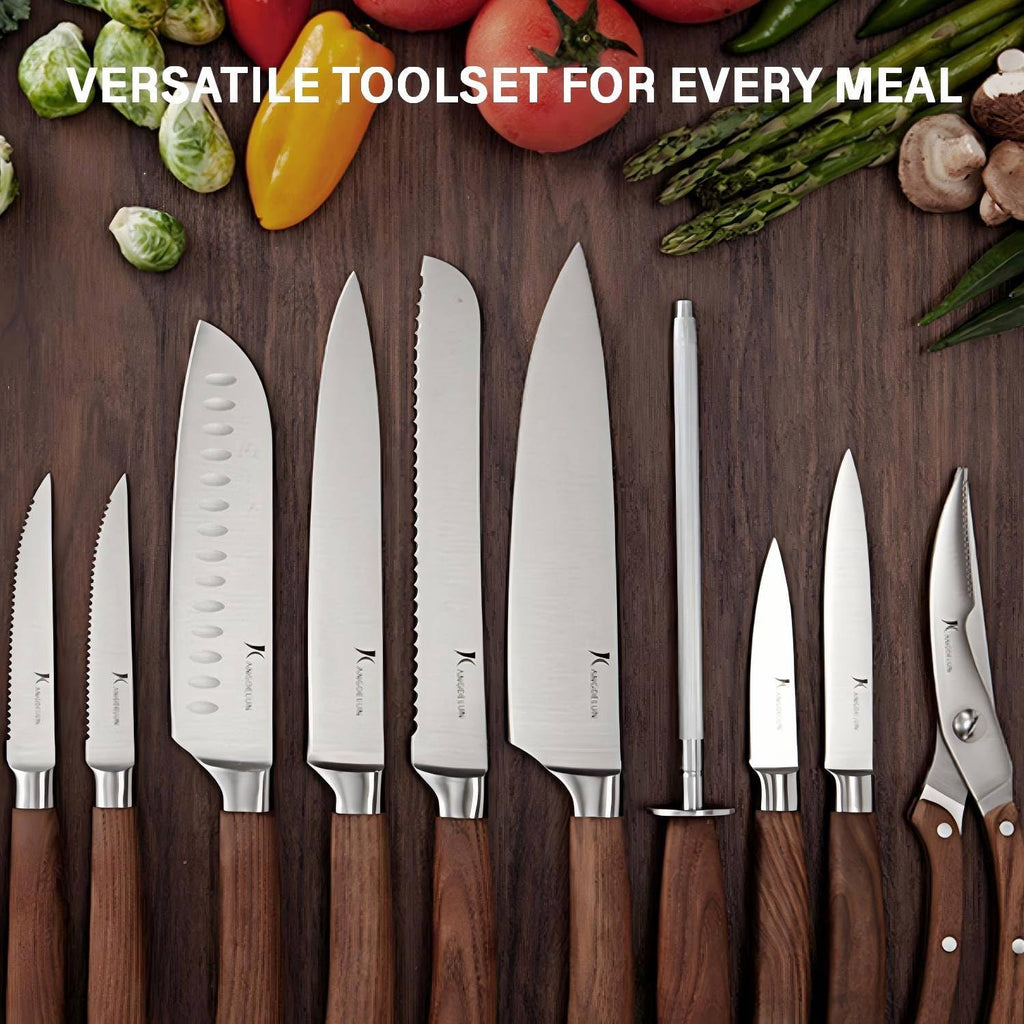Kangdelun Ultra Sharp 15-Piece Knife Set, 50Cr15MoV High-Carbon Stainless Steel, Torrefied Brown Ash Wood Handles, Angled Dark Brown Wood Block, Easy Hand Wash, Gift Box