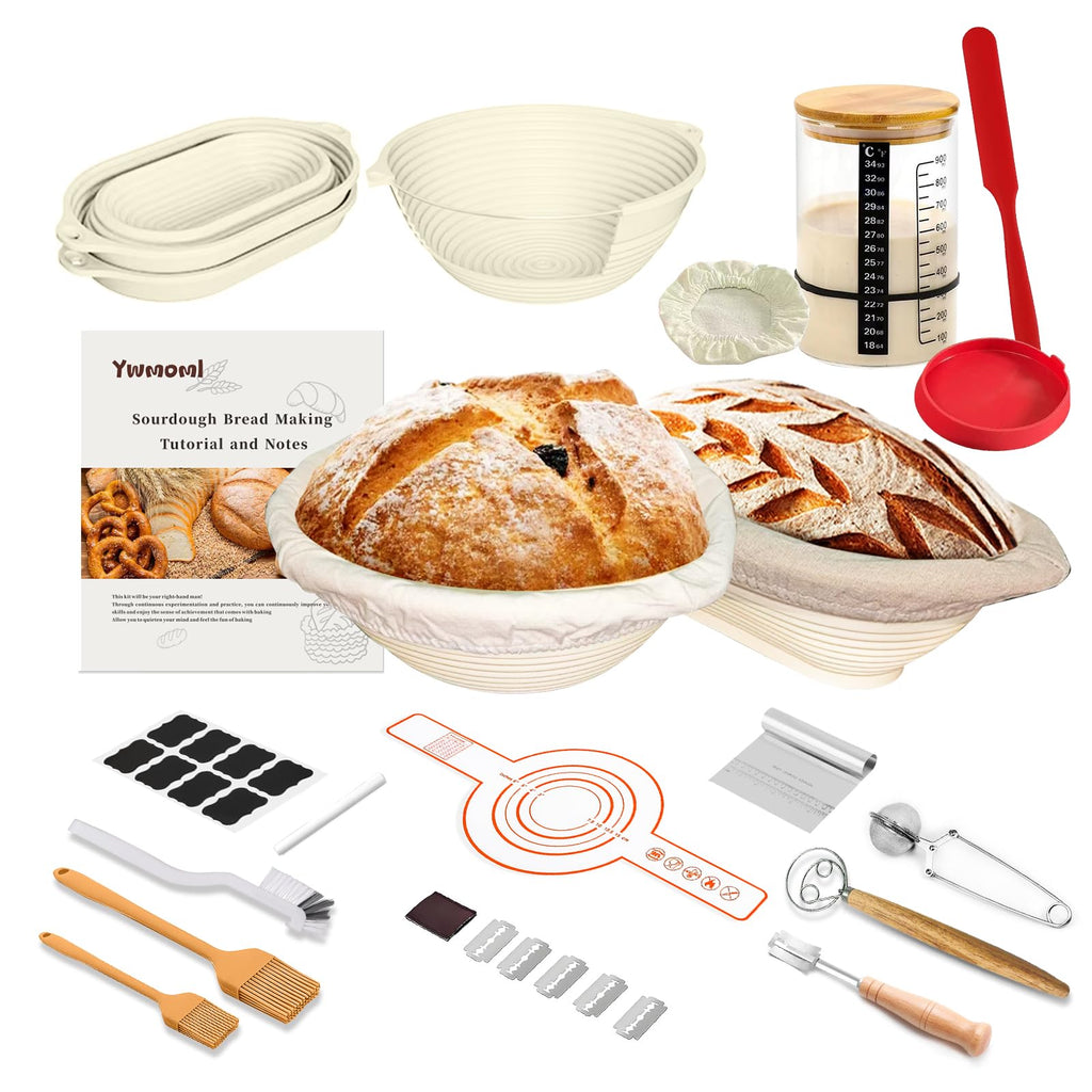 Sourdough Starter Kit, 26PCS Sourdough Bread Baking Supplies, Including a Sourdough Starter Jar (34OZ), Silicone Banneton Bread Proofing Basket Set of 2 (Yellow wood, Oversized glass mouth)