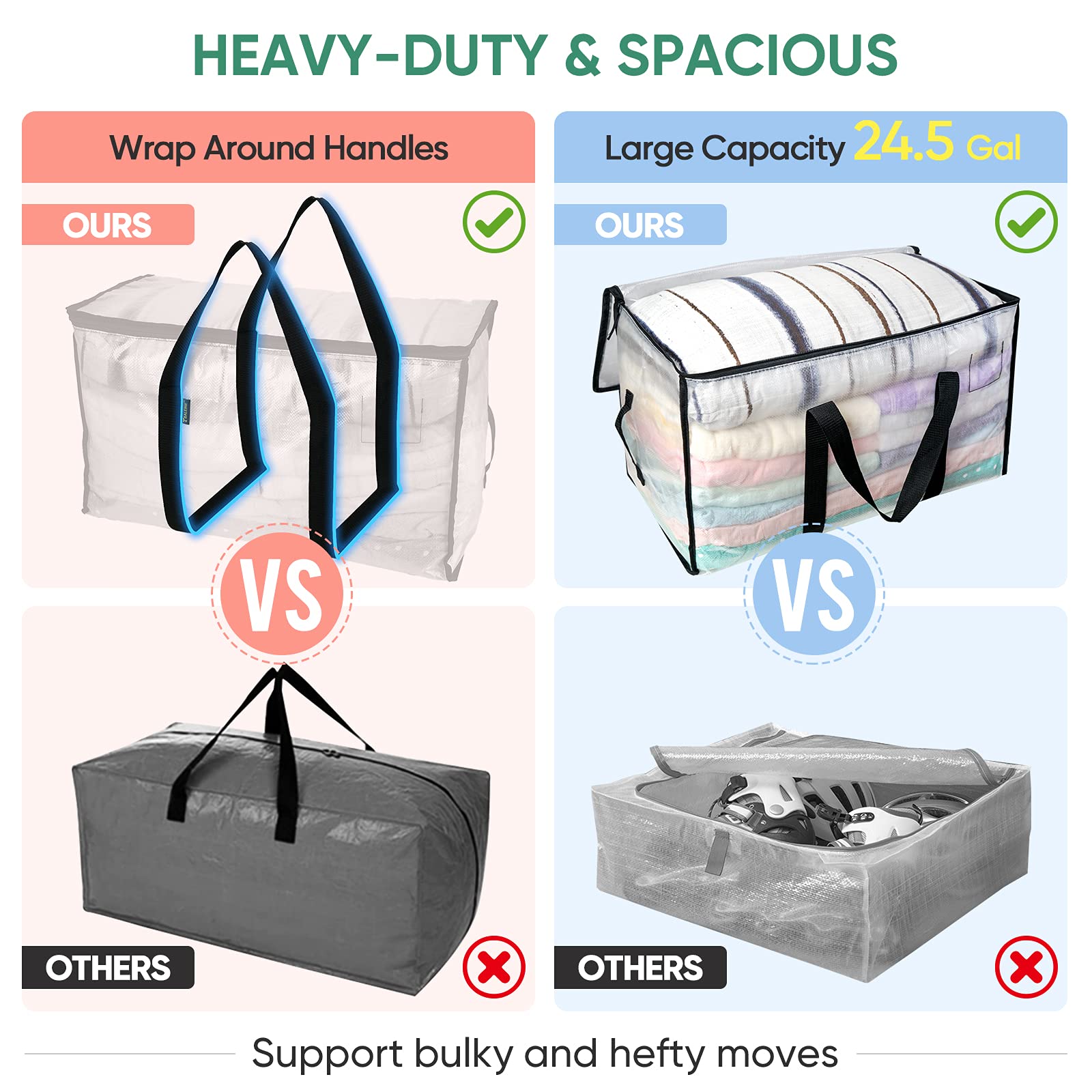 BALEINE 8-Pack Oversized Moving Bags with Reinforced Handles, Heavy-Duty Storage Tote for Clothes, Moving Supplies (Clear, 8-Pack)