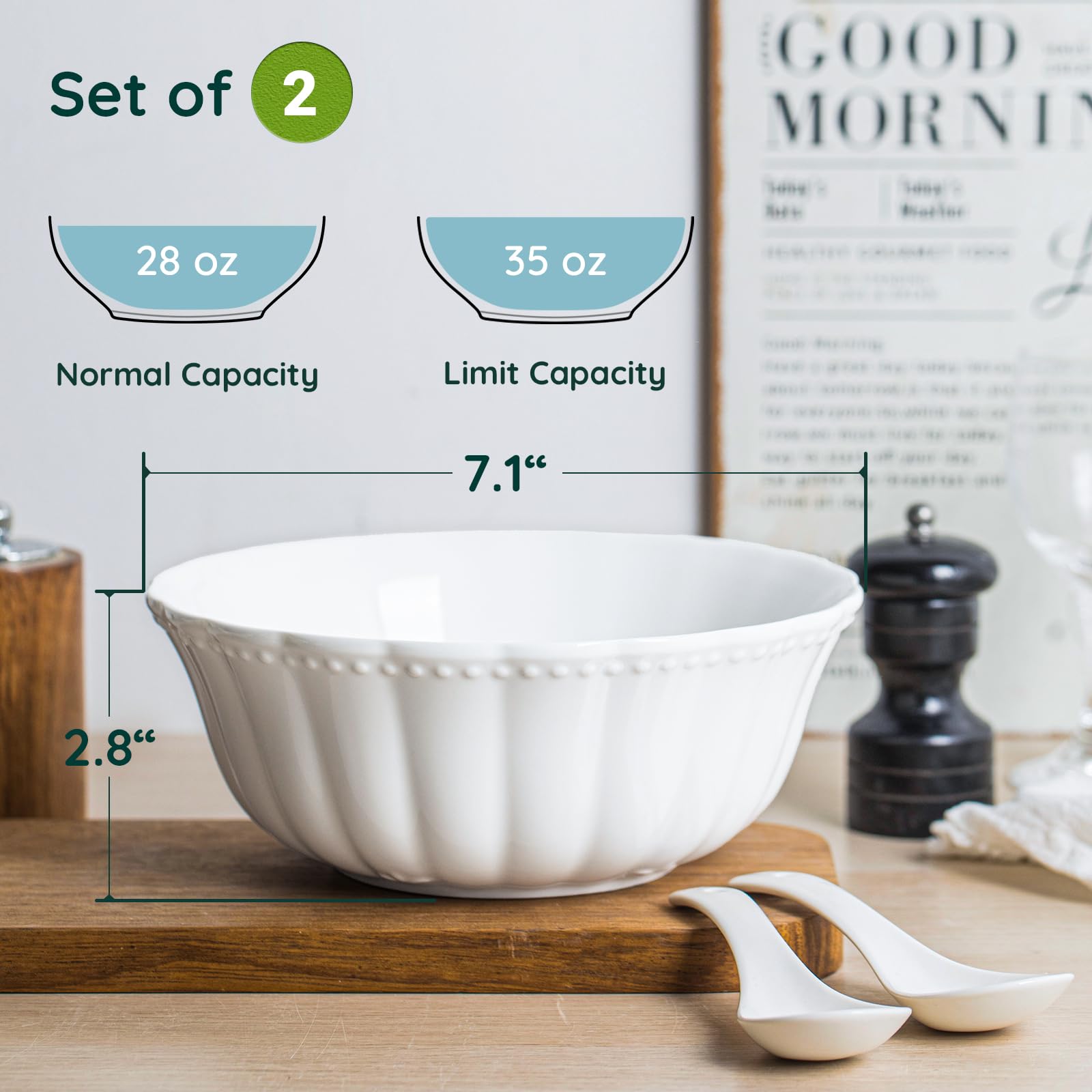 HOMBENE Ceramic bowl, 7 Inch Serving Bowls, Bowls for Kitchen, Microwave and Dishwasher Safe, Set of 2