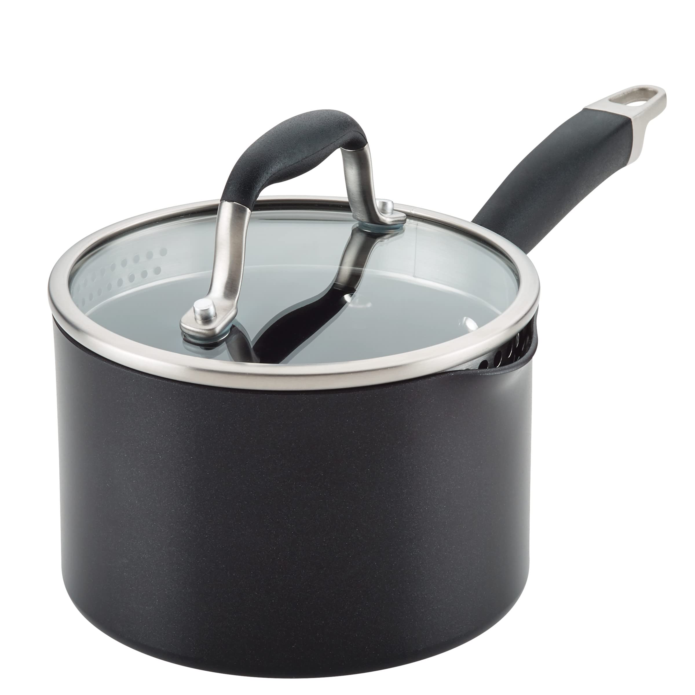 Anolon Advanced Home Hard-Anodized Nonstick Saucepan with Straining Lid, 2-Quart Small Pot, Onyx