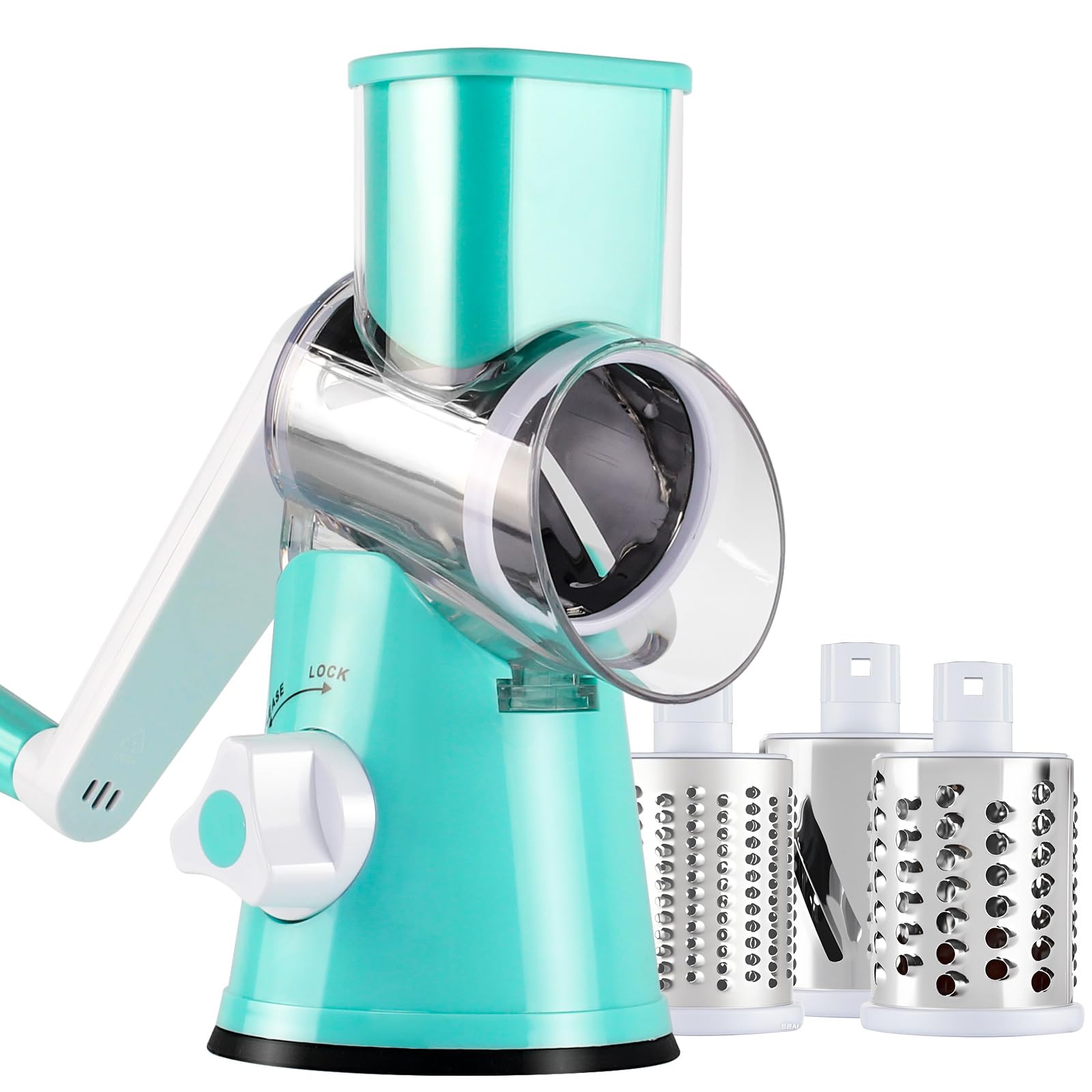 Ancevsk Cheese Grater Hand Crank, Rotary Vegetable Shredder with Handle and Strong Suction base, 3 in 1 Kitchen Speed Spin Veggie Slicer Nut Grinder for Pizza Top, Hash brown, Salad and More (Blue)