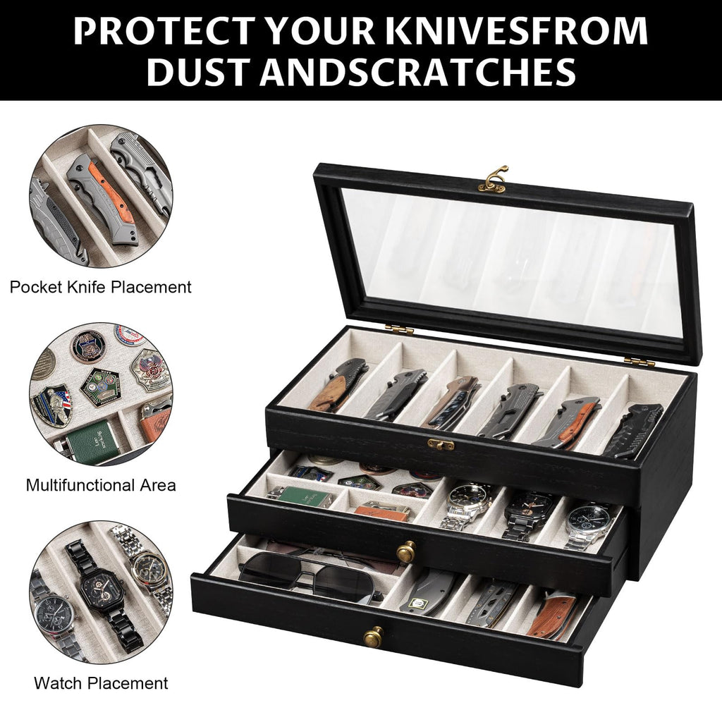 Yoimori Knife Display Case, 3-Layer Pocket Knife Case Display & Storage Knives, Solid Wood Knife Case for Collections, Gift for Boyfriend Fathers Day Birthday Gifts(Black)
