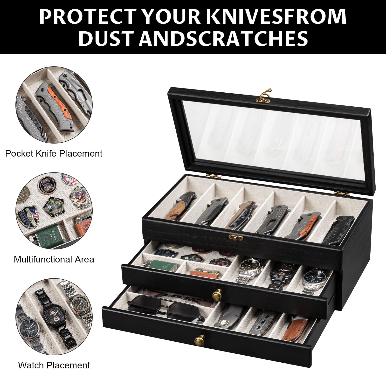 Yoimori Knife Display Case, 3-Layer Pocket Knife Case Display & Storage Knives, Solid Wood Knife Case for Collections, Gift for Boyfriend Fathers Day Birthday Gifts(Black)