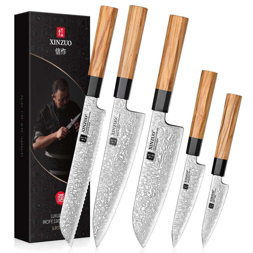 XINZUO 5 Pieces Kitchen Knife Set without Block, Hand Forged 67 Layers Damascus Steel Professional Chef Knife Set,Ultra Sharp,Olive Wood Octagonal Handle
