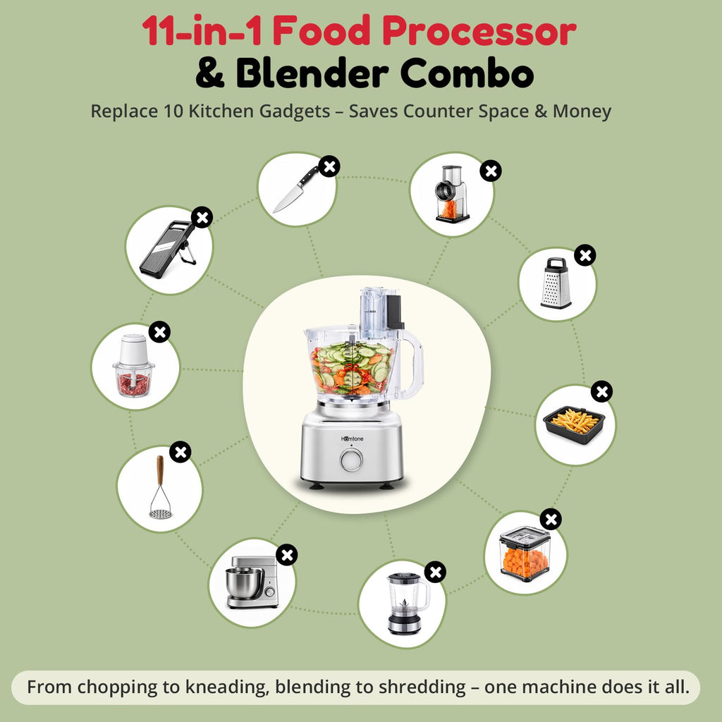 Homtone 16 Cup Food Processor Blender Combo, 11-in-1 Glass Blender for Home