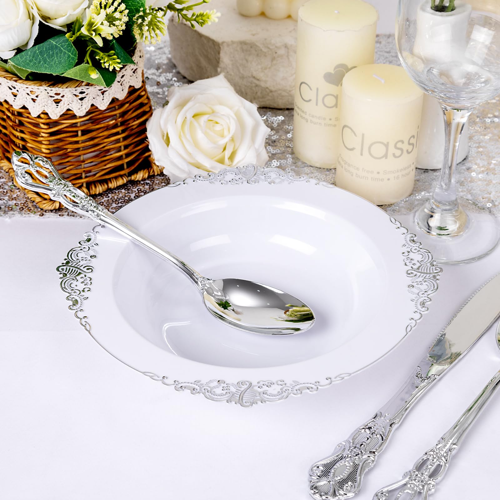 Joyido 100PCS Silver Plastic Bowls - 12 oz Silver Disposable Salad Bowls - Heavy Duty Disposable Soup Bowl - Fancy Plastic Ice Cream Bowl for Weddings Parties Dinners Picnics