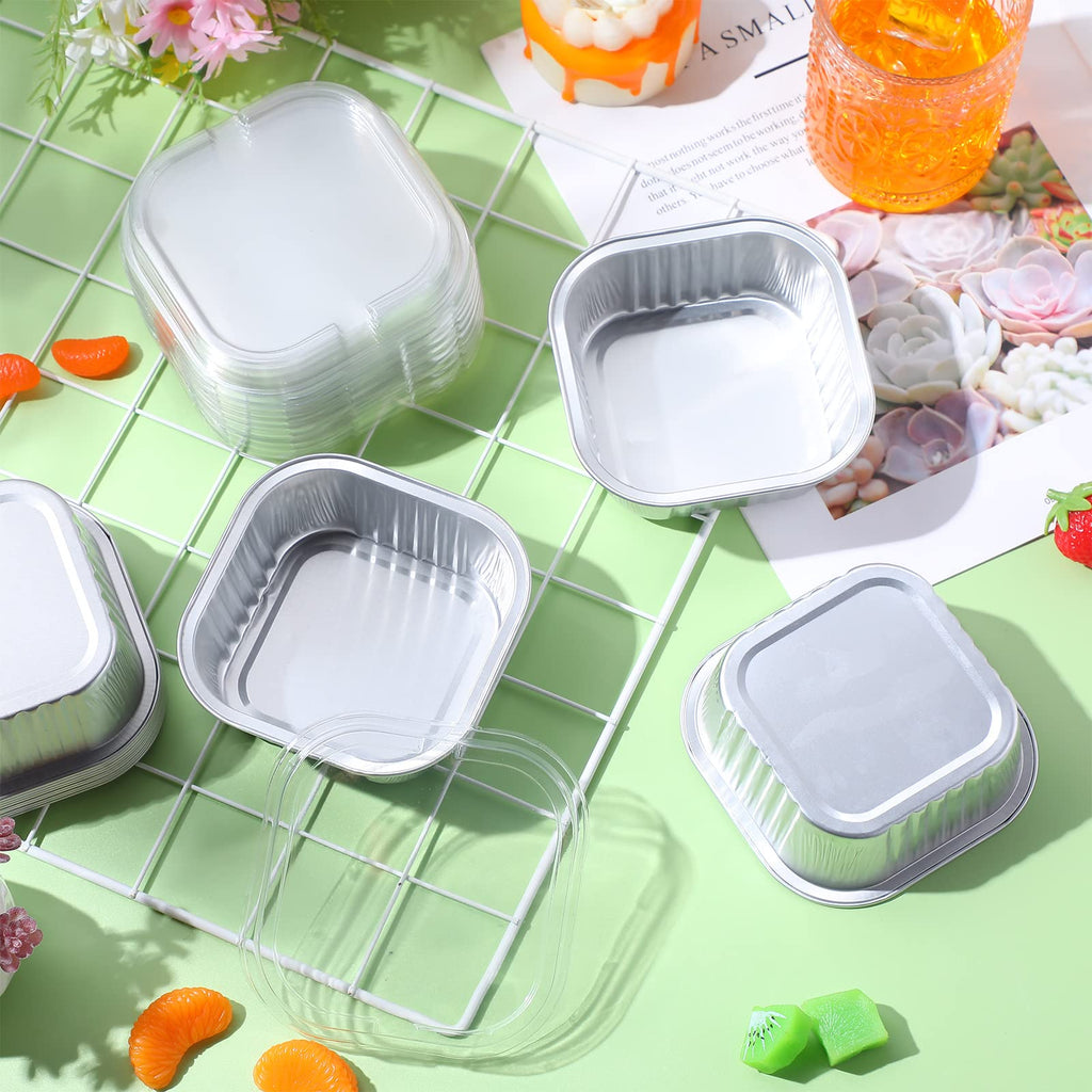 Aoriher 150 Pcs 10 oz Mini Cake Pans with Lids Aluminum Foil Baking Cup Disposable Square 4 x 4 Large Baking Tin, Muffin Pan Cheesecake Kitchen Brownie Pudding Desserts Holder(Silver)