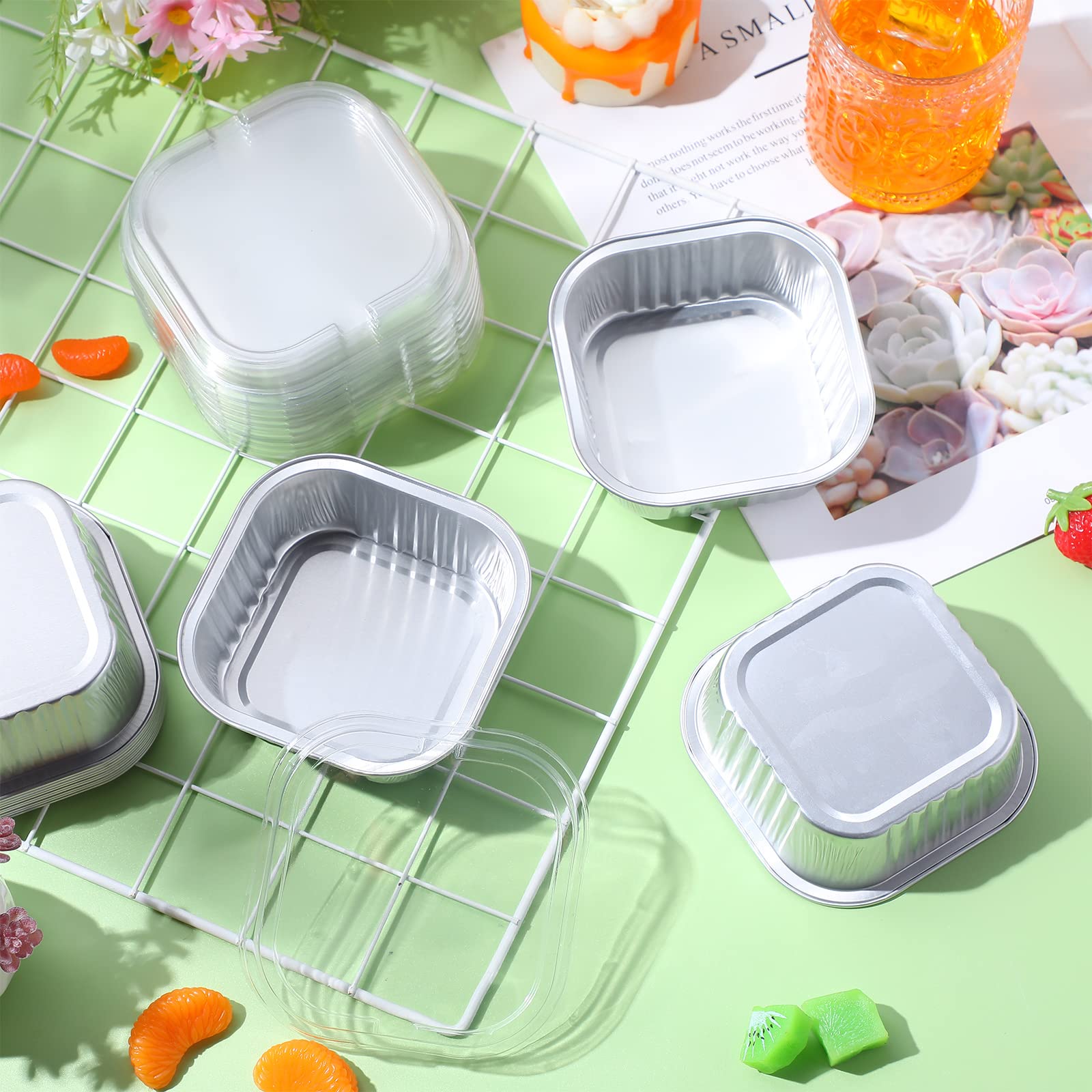 Aoriher 150 Pcs 10 oz Mini Cake Pans with Lids Aluminum Foil Baking Cup Disposable Square 4 x 4 Large Baking Tin, Muffin Pan Cheesecake Kitchen Brownie Pudding Desserts Holder(Silver)