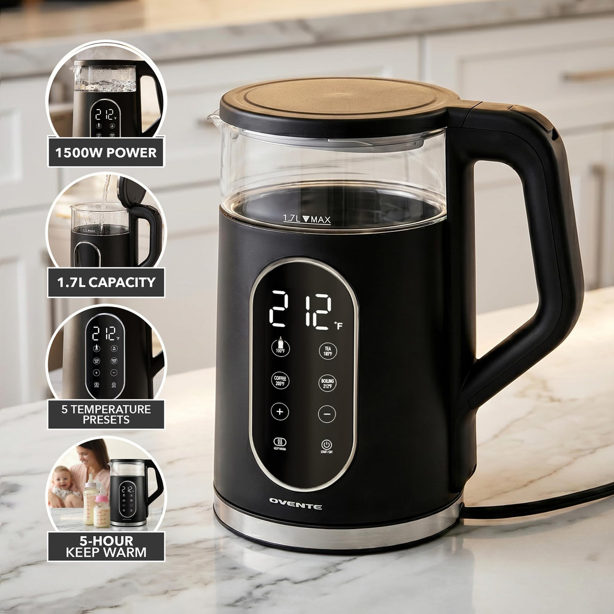 OVENTE 1.7L Electric Kettle with Digital Touchscreen, 1500W, Black KD96B